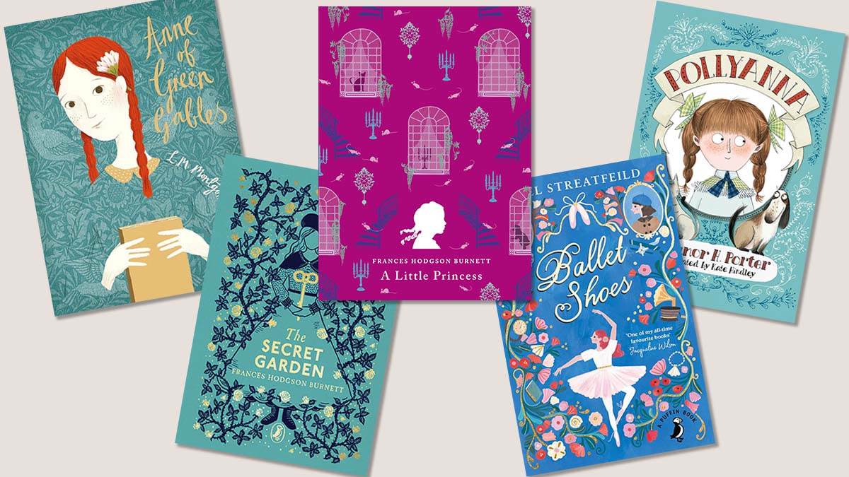 The front covers of Anne of Green Gables, The Secret Garden, A Little Princess, Ballet Shoes, and Pollyanna