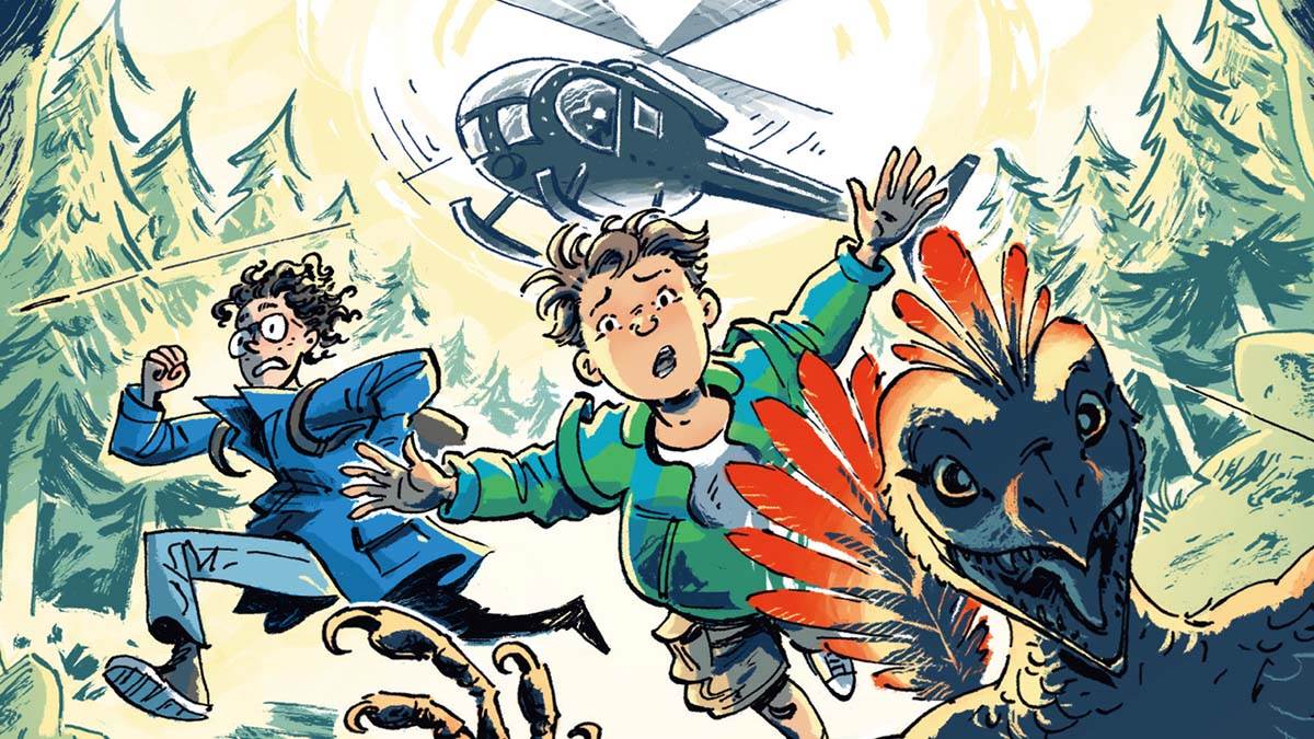 An illustration from the front cover of Mission Microraptor - two children and a raptor running away with a helicopter chasing them