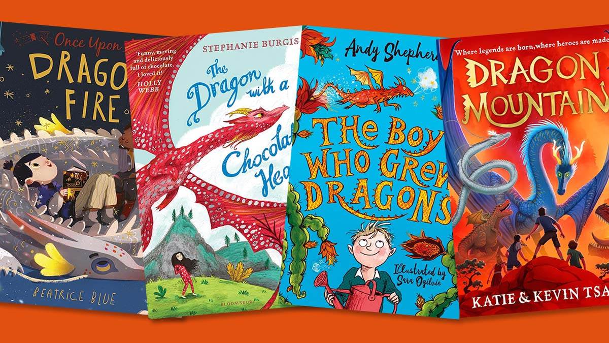 The front covers of Once Upon a Dragon's Fire, The Dragon with a Chocolate Heart, The Boy Who Grew Dragons, and Dragon Mountain