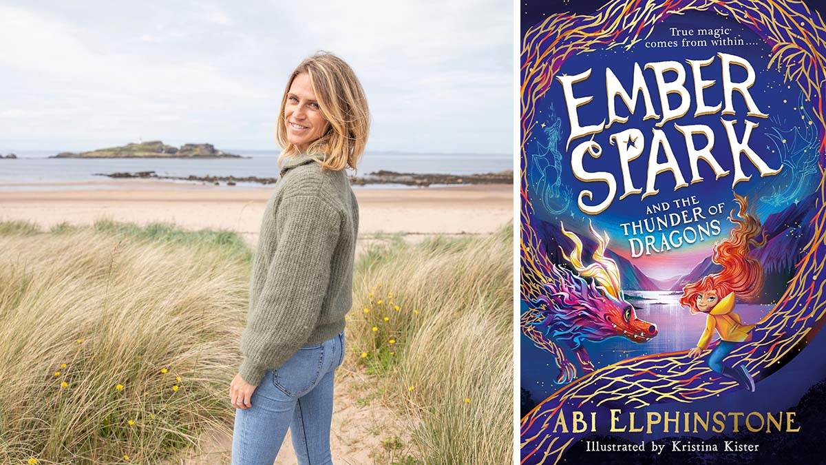 A photo of Abi Elphinstone and the front cover of Ember Spark and the Thunder of Dragons