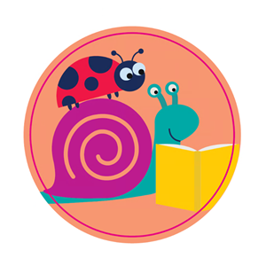 An illustration of a ladybird standing on a snail's shell; they are both reading a book propped in front of the snail