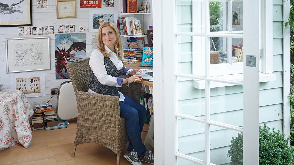 Cressida Cowell in her writing shed