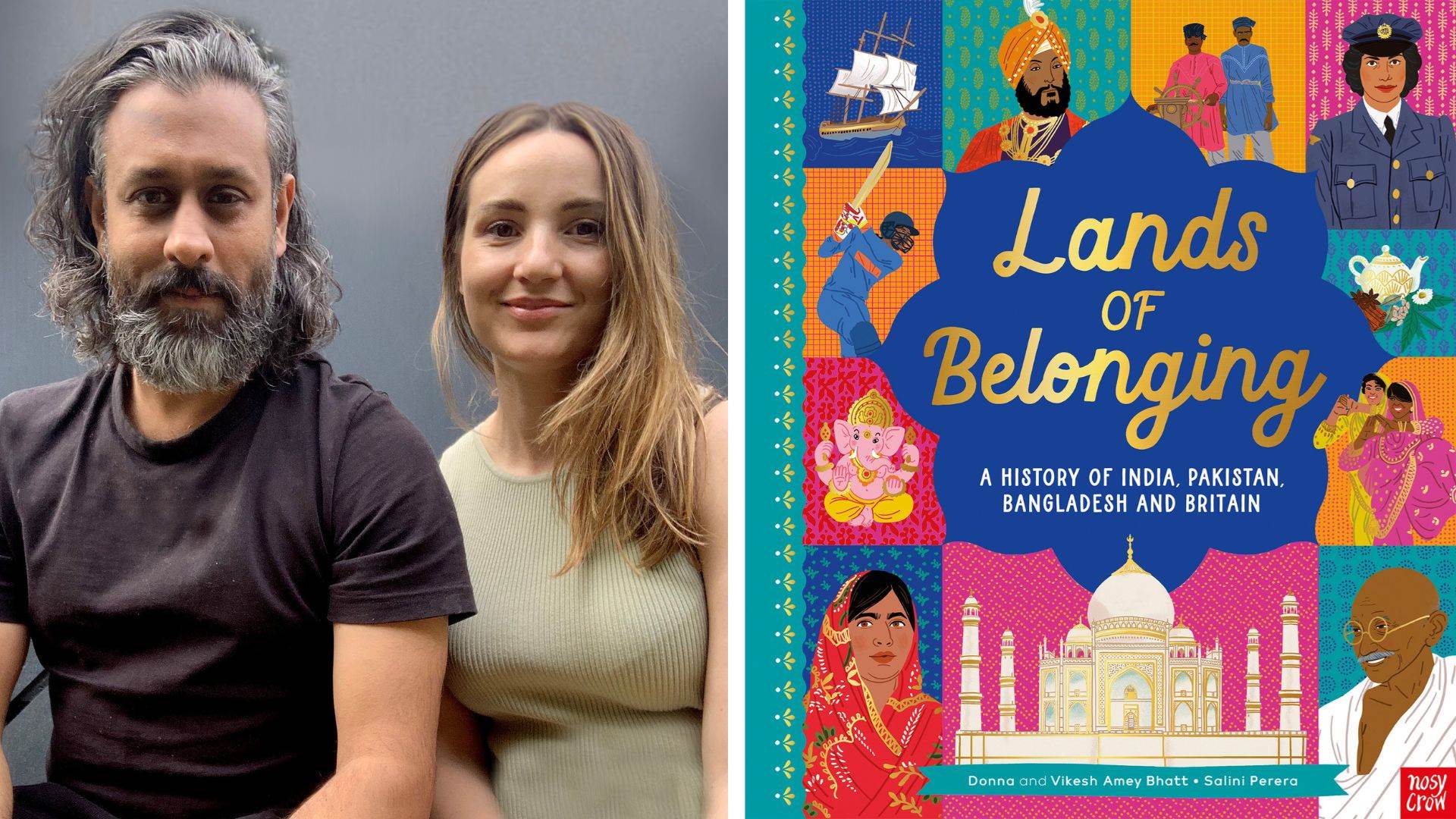 Donna and Vikesh Amey Bhatt and the cover of Lands of Belonging