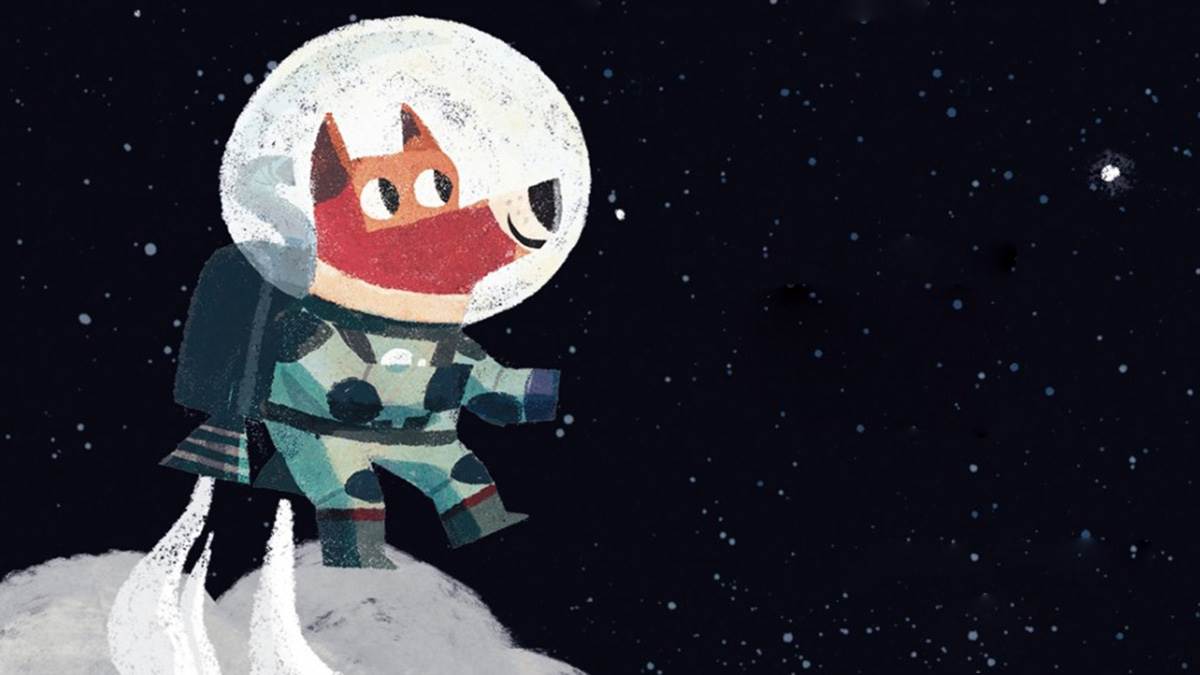 An illustration of a dog standing on space rock wearing a space helmet from the front cover of The Big Book of Blast Off