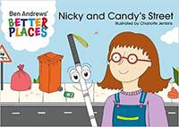 A book cover of the book 'Nicky and Candy’s Street'. It shows a young girl of about nine or ten years of age with sight loss, wearing glasses and next to the pavement holding her cane. Her cane has a smiley face