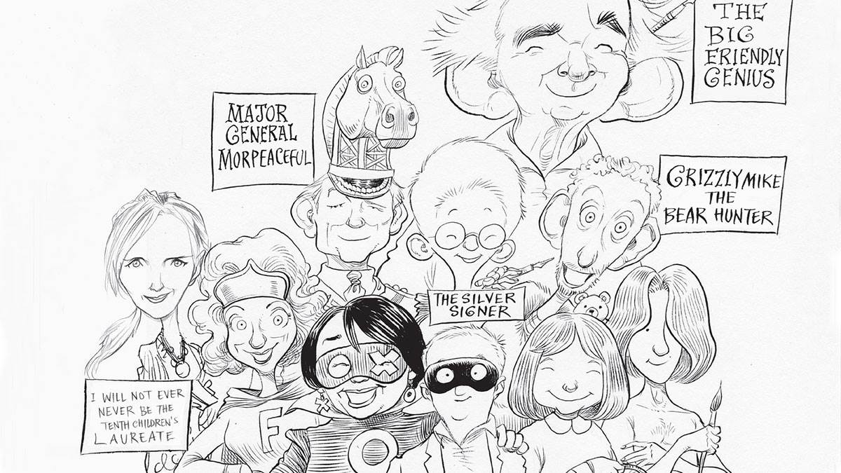 Ten Waterstones Children's Laureates drawn by Chris Riddell from Flights of Fancy (Walker Books)