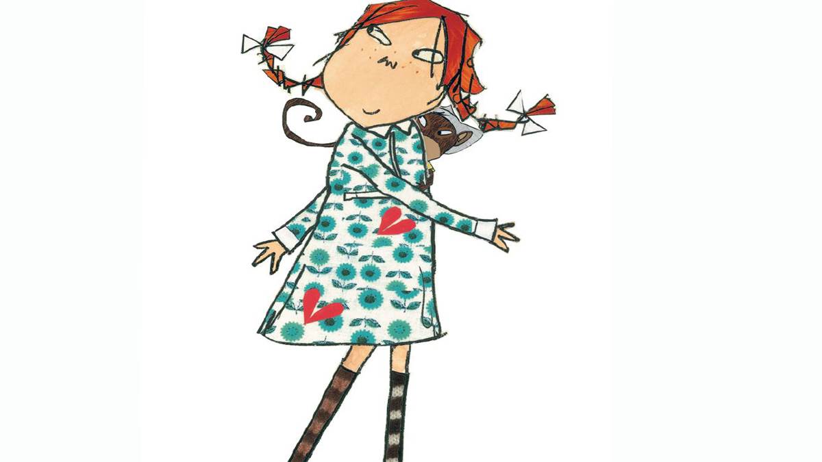 An illustration of Pippi Longstocking, a girl with red hair in two plaits walking along looking behind her