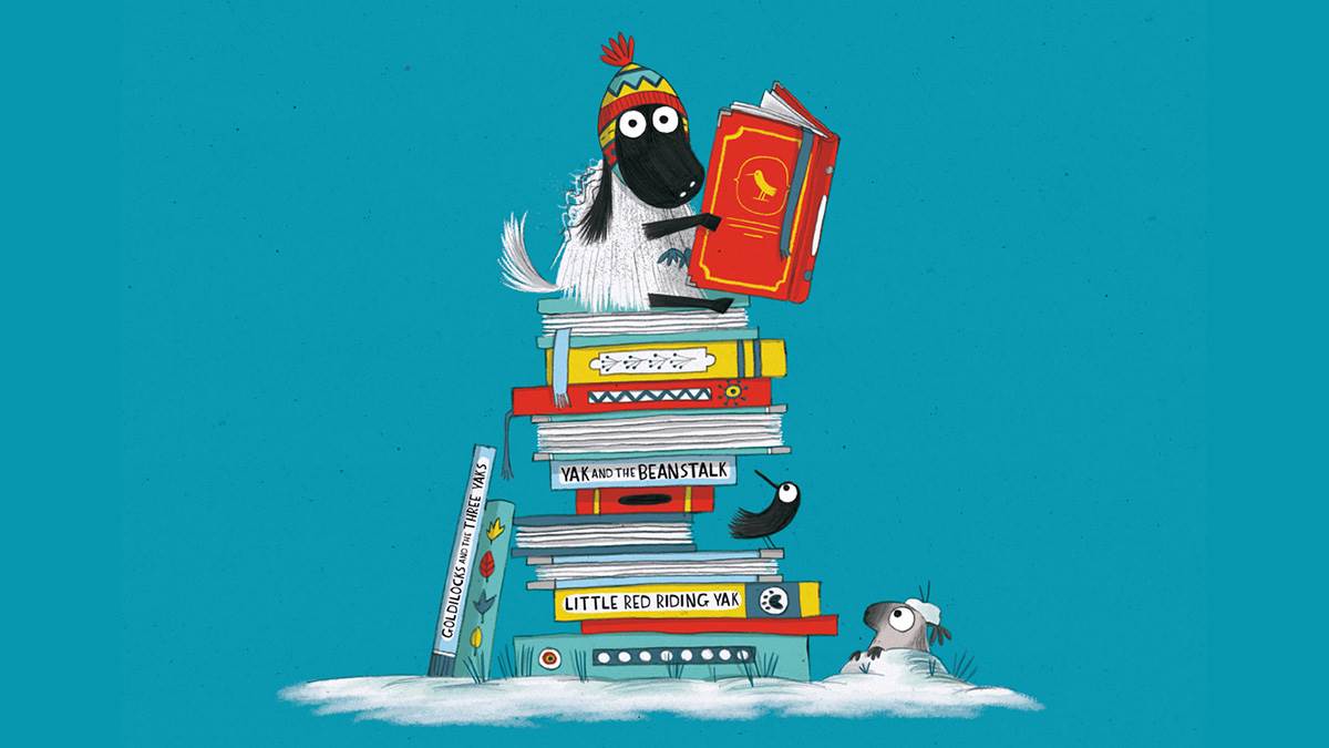 An illustration from The Littlest Yak of a yak sitting on a pile of books