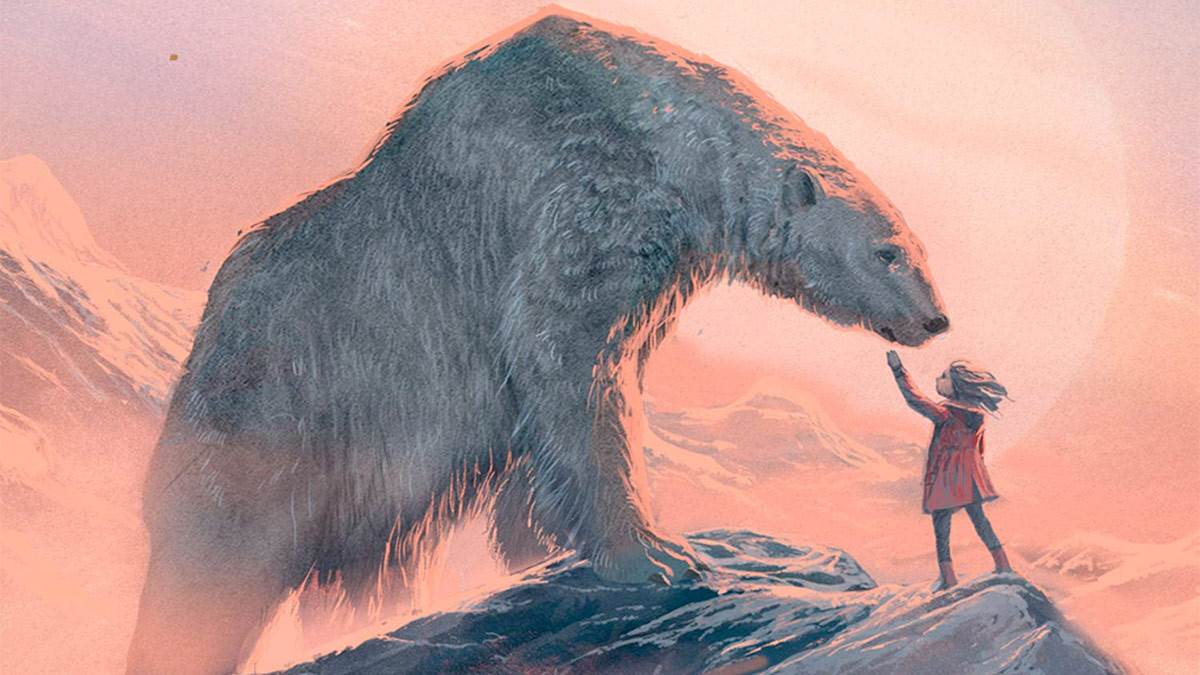 An illustration of a child reaching up towards a huge polar bear from the front cover of The Last Bear