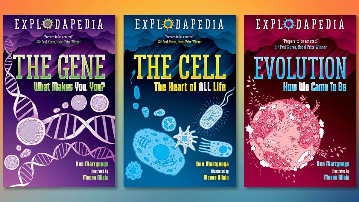 The front covers of the Explodapedia books you could win: The Gene, The Cell, and Evolution