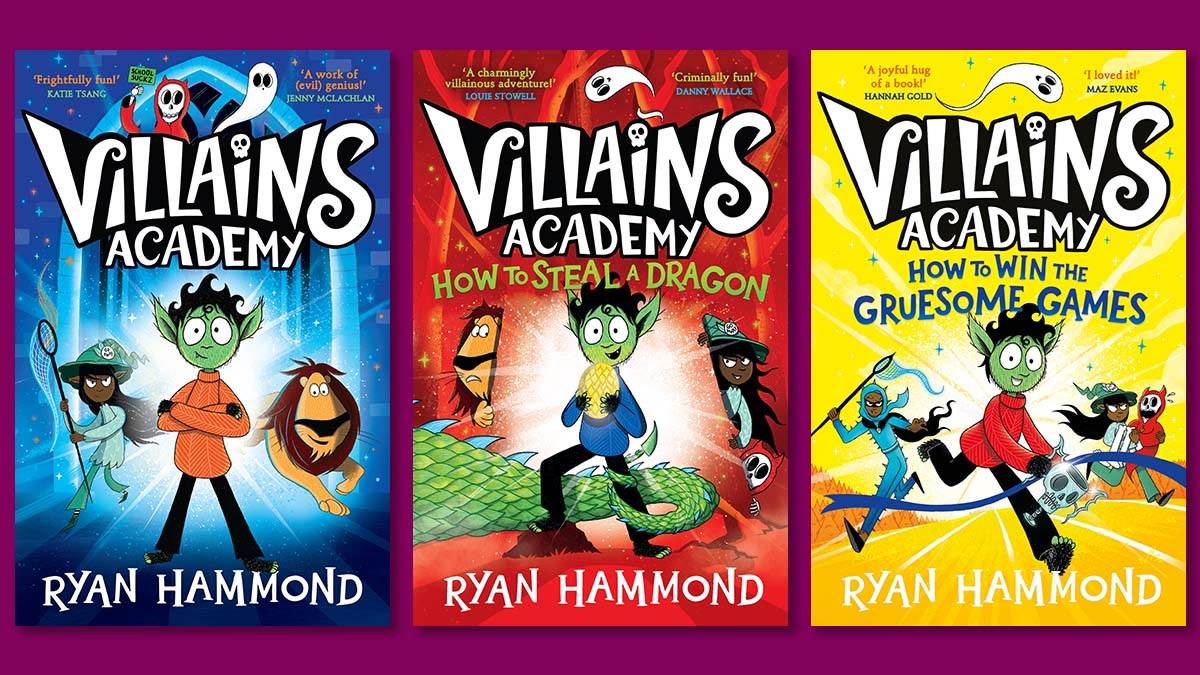 The front covers of Villains Academy, Villains Academy: How to Steal a Dragon, and Villains Academy: How to Win the Gruesome Games