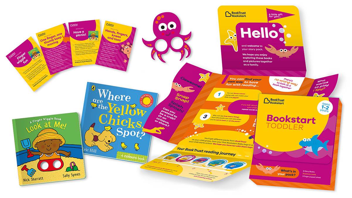 An example of a Bookstart Toddler pack including rhymes, the book Look At Me, the book Where Are The Yellow Chicks Spot, and a finger puppet
