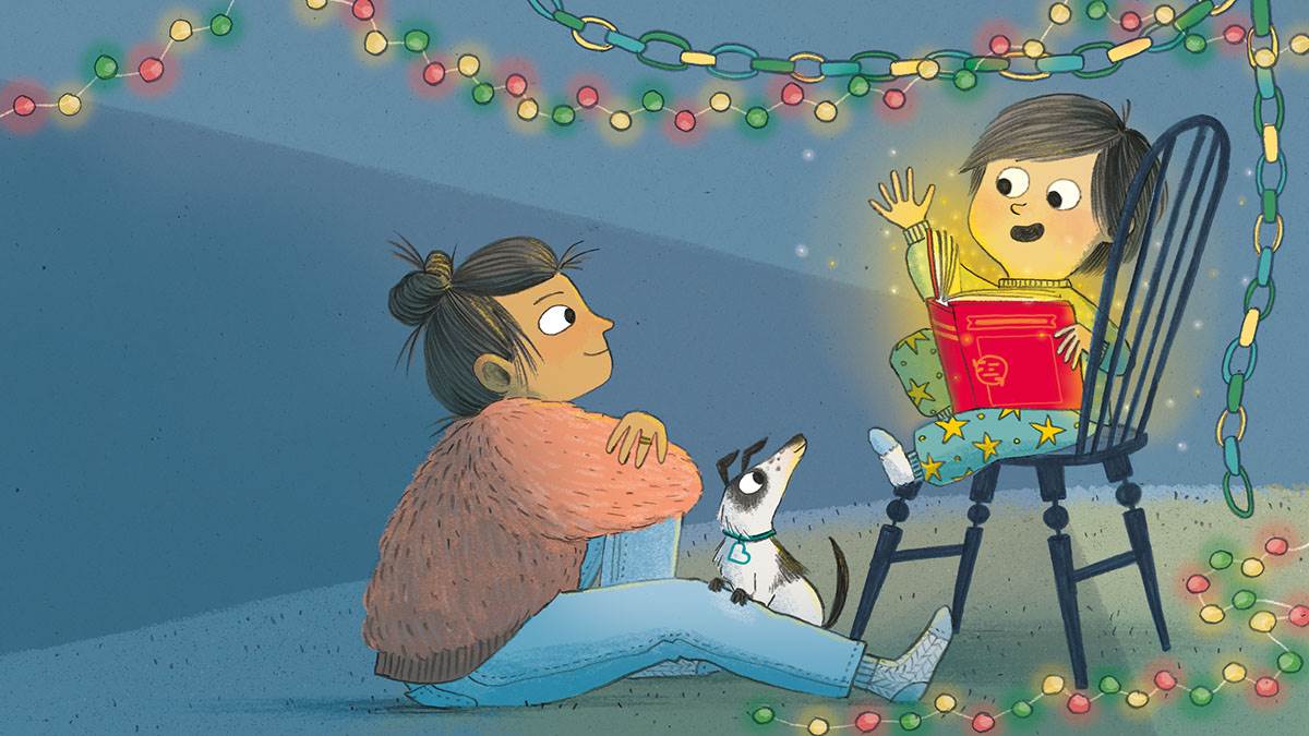 An illustration of a child reading a glowing book to an adult and dog sitting on the floor looking up