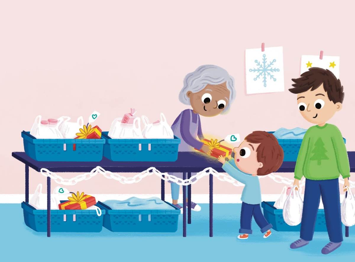 An illustration of a child receiving a festive parcel at a food bank