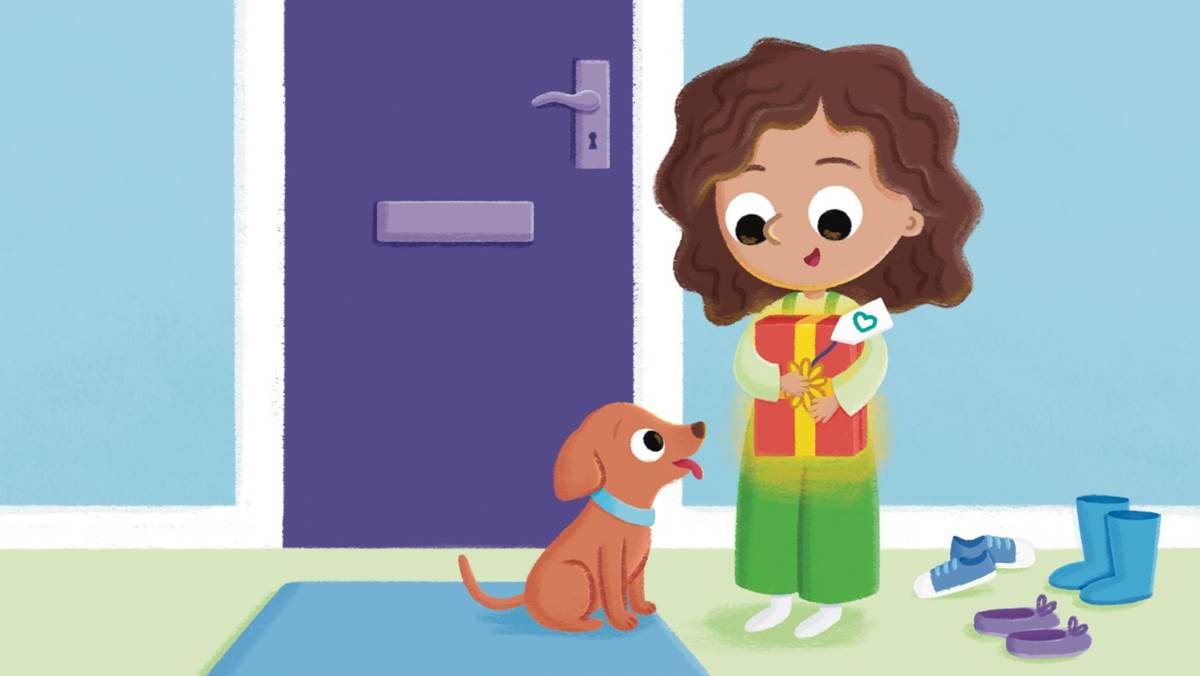 An illustration of a child clutching a glowing book parcel with a BookTrust tag as a dog smiles next to her 