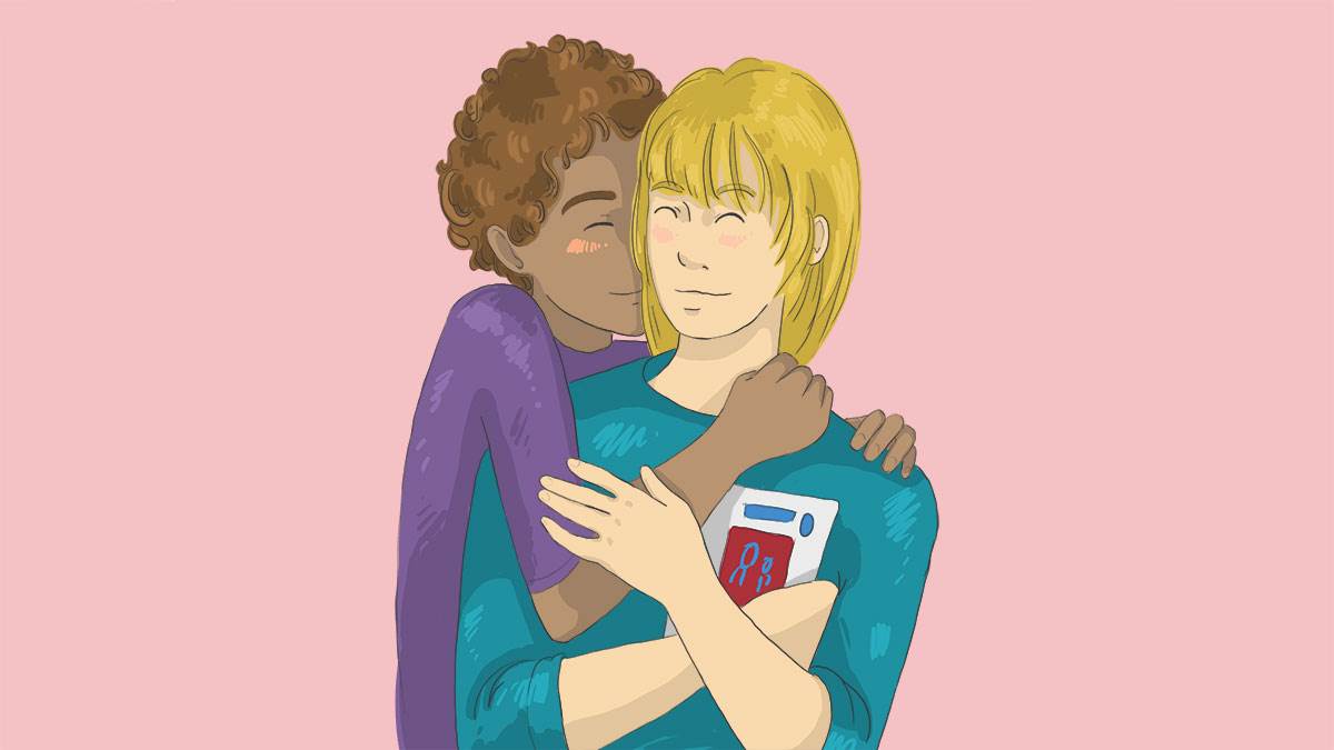 An illustration of two teenagers hugging