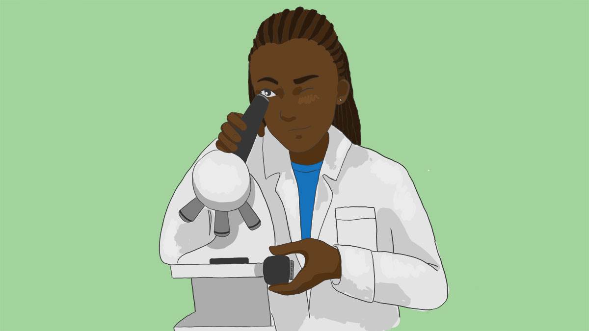 An illustration of a woman in a labcoat looking through a microscope