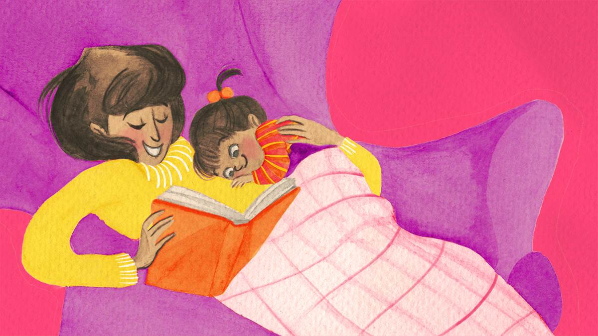 An illustration of a woman and child snuggling up and looking at a book together under a blanket on an armchair
