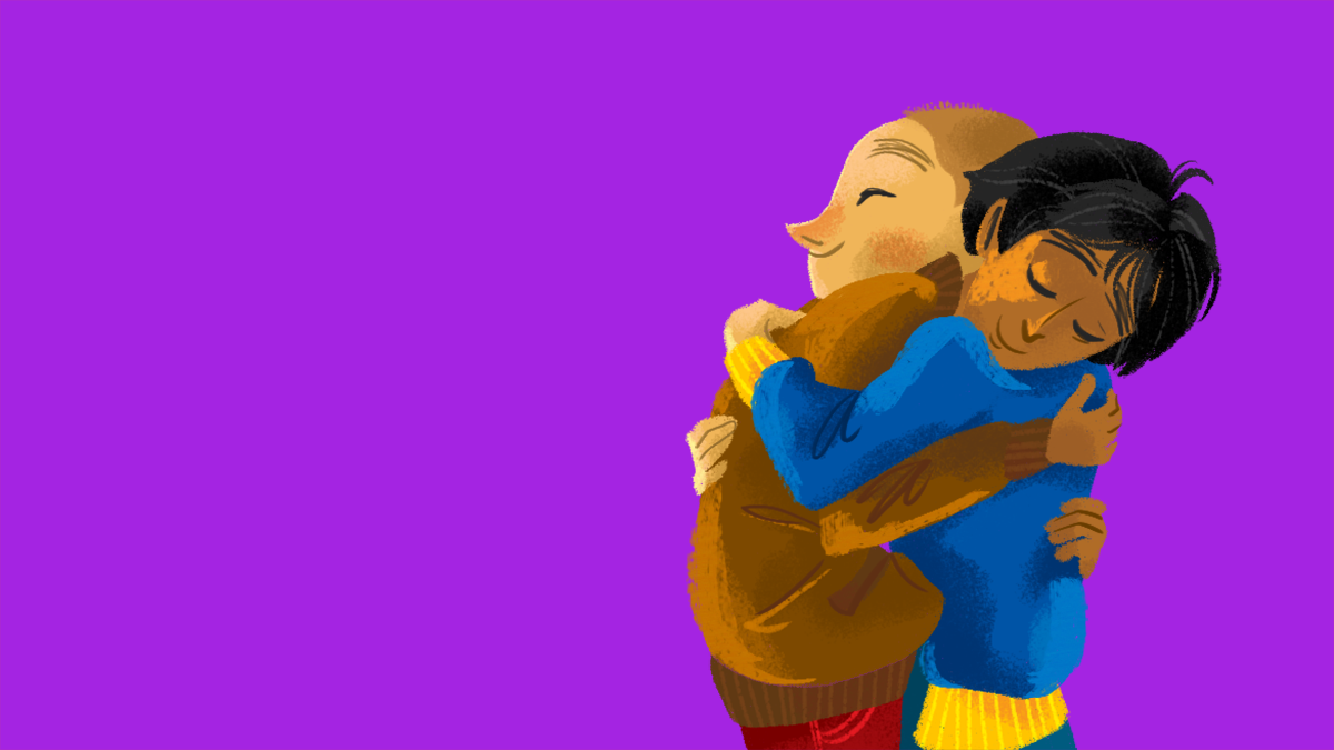 Two illustrated characters hugging