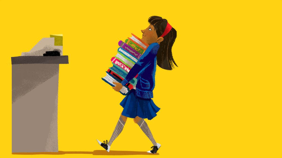 Illustration by Erika Meza of a girl carrying a pile of books to a library desk against a yellow background.