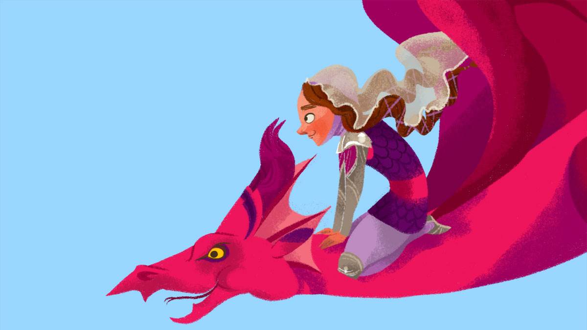 An illustration of a girl riding a dragon