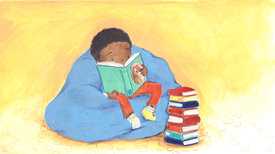 An illustration of a child sitting in a beanbag reading, with a pile of books next to him