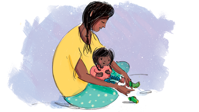 An illustration of a woman putting socks on a smiling child