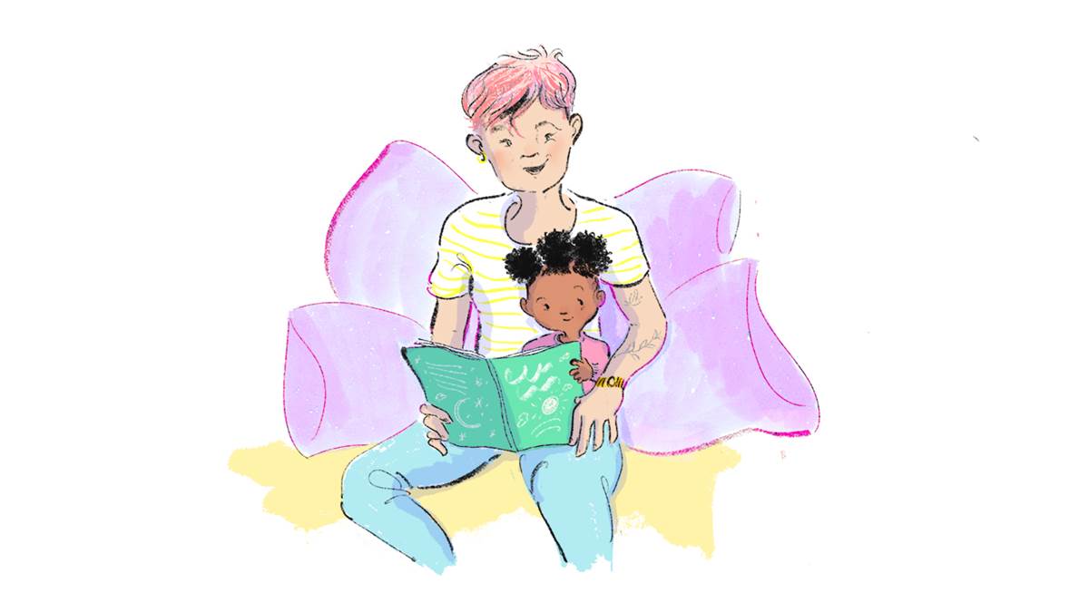 An illustration of a woman sitting with a baby on her lap, reading to her