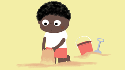 An illustration of a child building a sandcastle