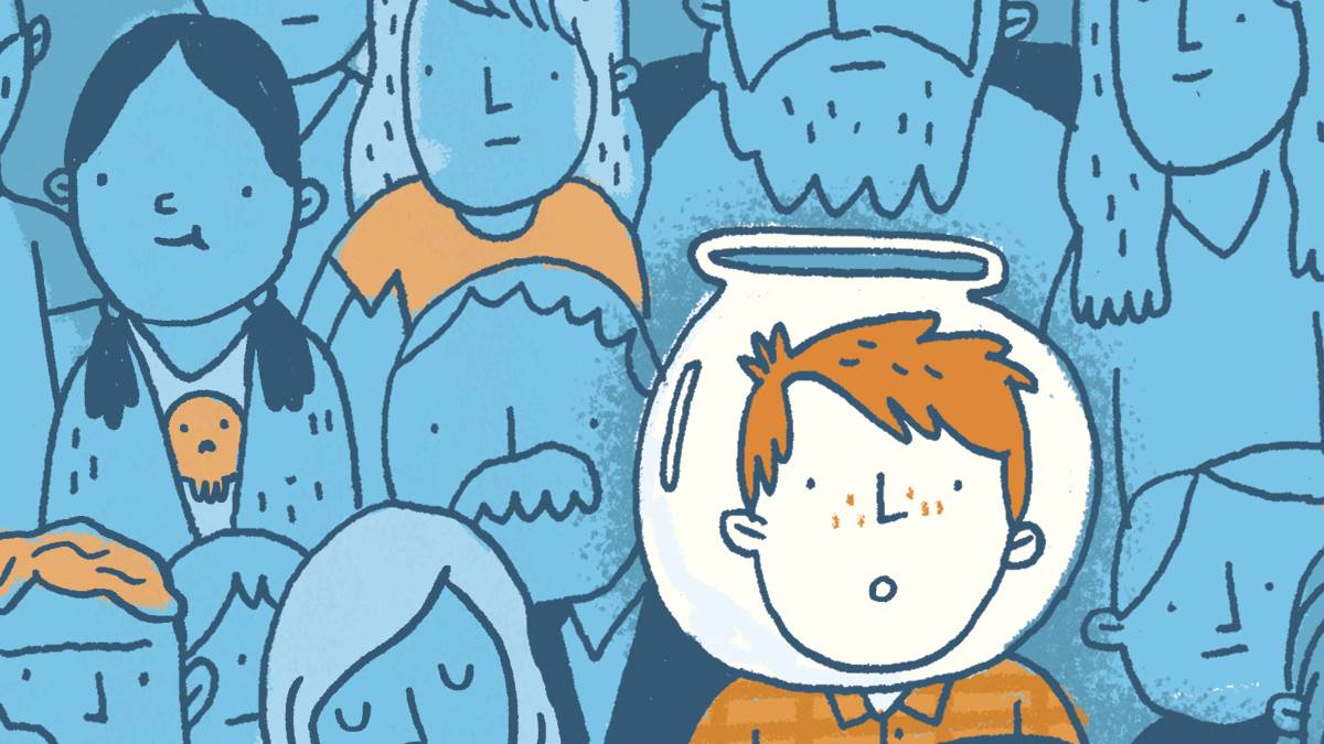 An illustration from the front cover of The Goldfish Boy - a child with a goldfish bowl on his head surrounded by people; the people around the child are mostly coloured blue apart from a few orange highlights