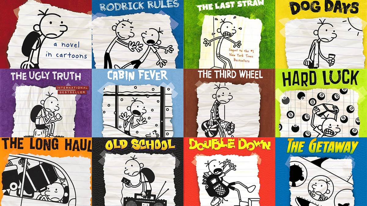 A collage of front covers of Diary of a Wimpy Kid books