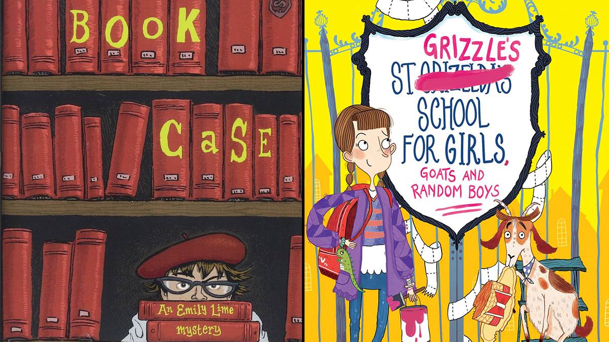 An image of the covers of The Book Case and St Grizzles School for Girls, Goats and Random Boys