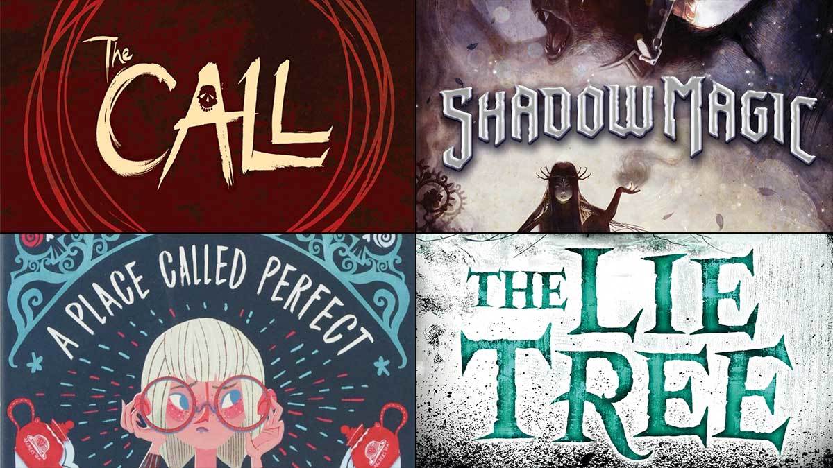 The covers of The Call, A Place Called Perfect, Shadow Magic and The Lie Tree