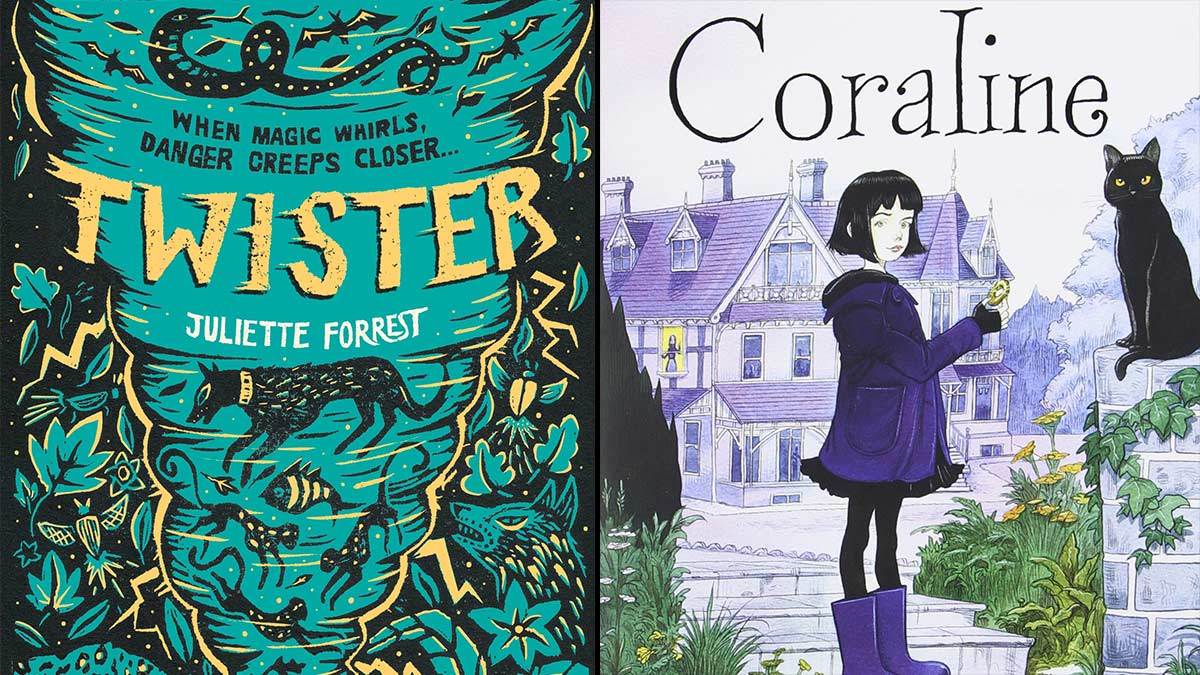 The cover of Twister by Juliette Forrest and the cover of Coraline by Neil Gaiman and illustrator Chris Riddell