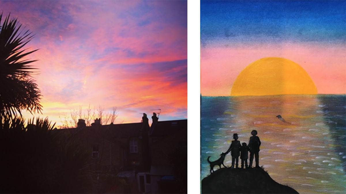 A photograph of a London sunset and an illustration by Jane Ray