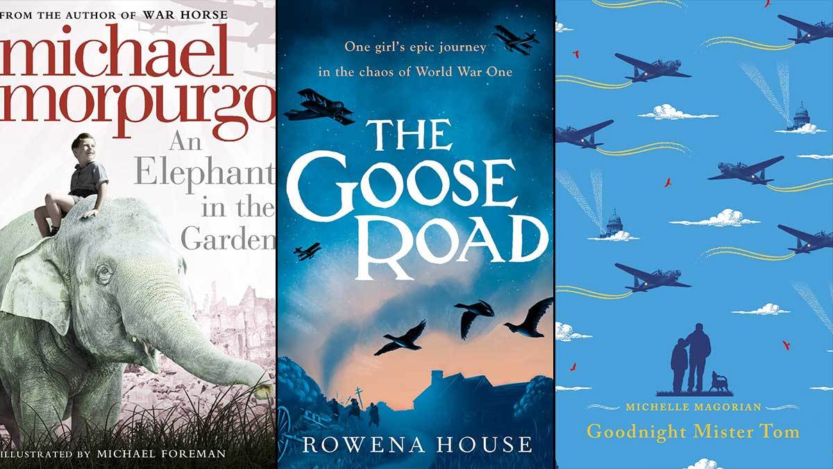 The covers of The Elephant in the Garden, The Goose Road, and Goodnight Mr Tom