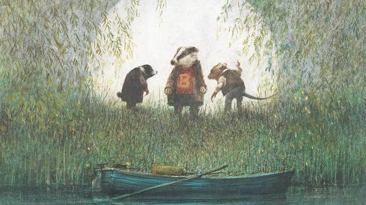 An illustration of Mole, Badger and Ratty among grass on a river bank with a boat nearby, from the front cover of The Wind in the Willows