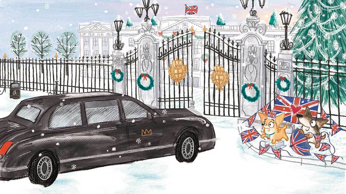 Two corgis outside Buckingham Palace from A Very Corgi Christmas