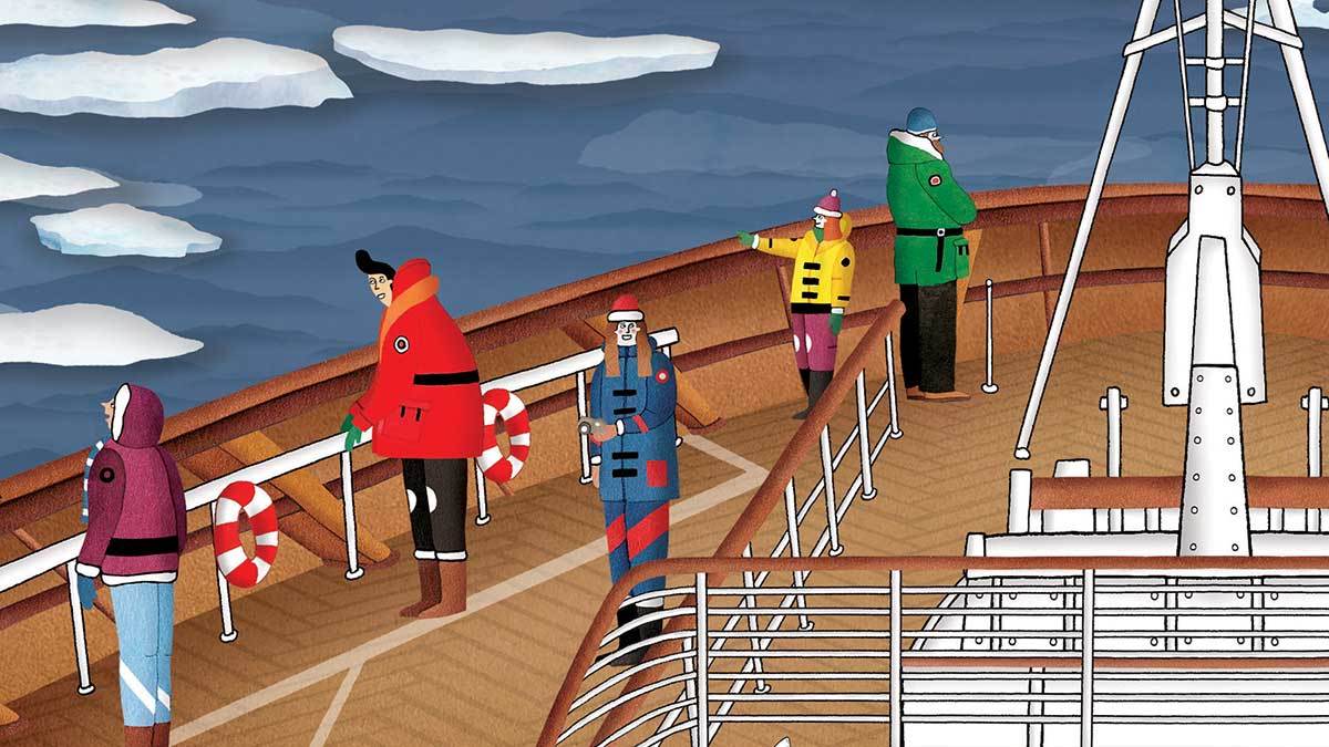 Lucy Letherland's illustration of tourists enjoying the Aurora Borealis in Atlas of Adventures: Wonders of the World