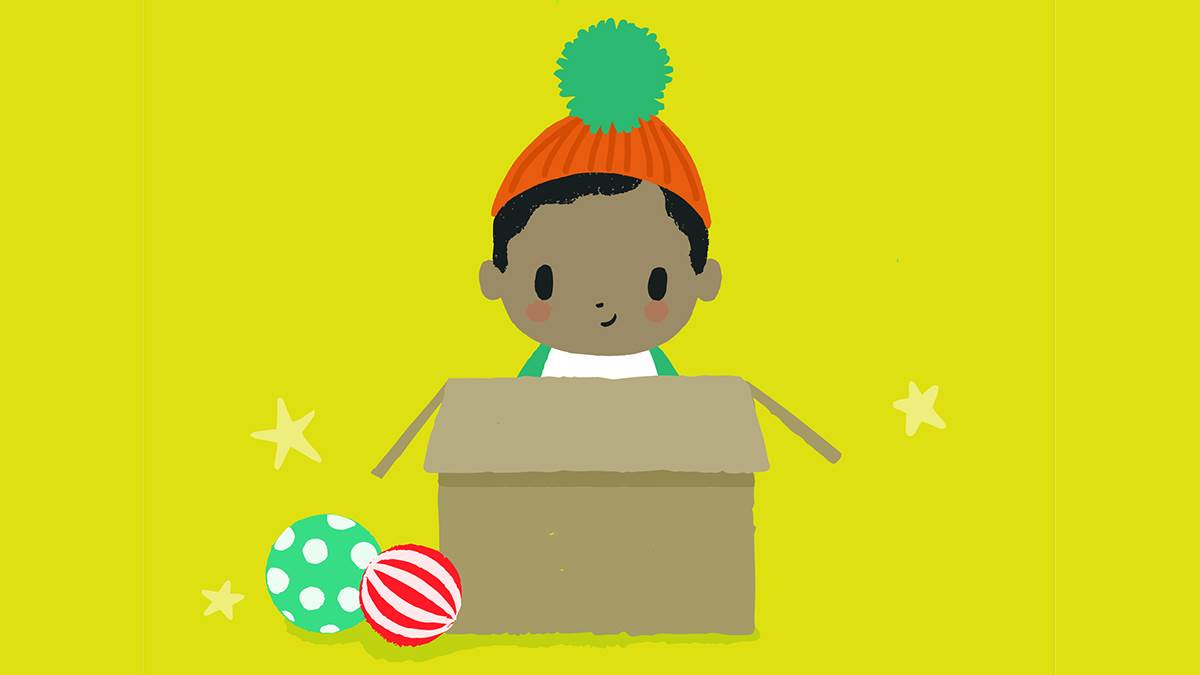 A little boy sitting in a cardboard box from the cover of Playtime with Ted by Sophy Henn