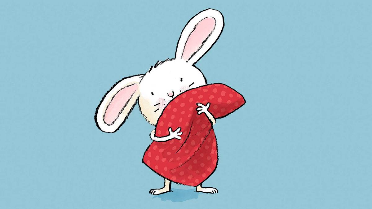 A rabbit hugging a blanket from the cover of Tickle My Ears by Jörg Mühle