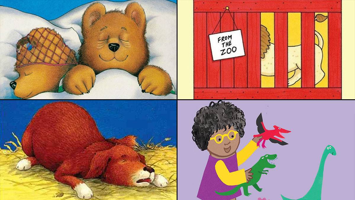 The covers of Peace at Last by Jill Murphy, Dear Zoo by Rod Campbell, Snore by Michael Rosen and Jonathan Langley, and All About Rosa by Jessica Spanyol