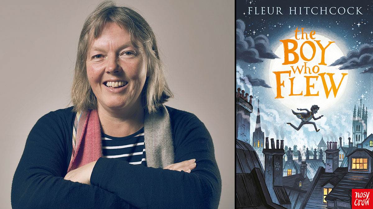 Fleur Hitchcock and the cover of her book The Boy Who Flew