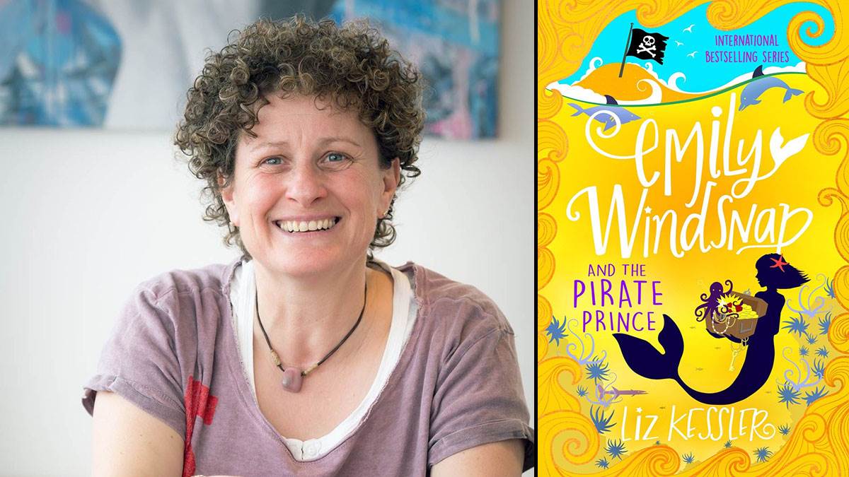 Liz Kessler and the cover of her book Emily Windsnap and the Pirate Prince
