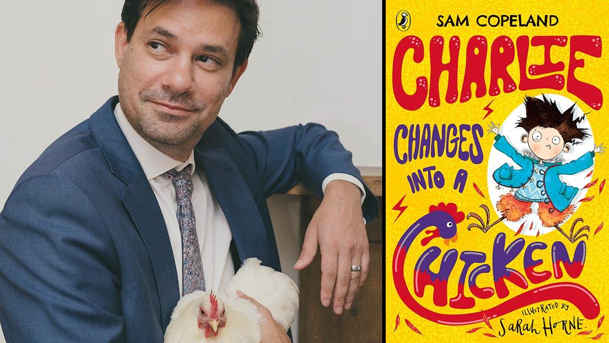 Author Sam Copeland and the front cover of Charlie Changes Into a Chicken