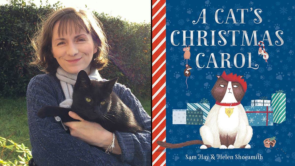 Sam Hay with her cat and the cover of A Cat's Christmas Carol