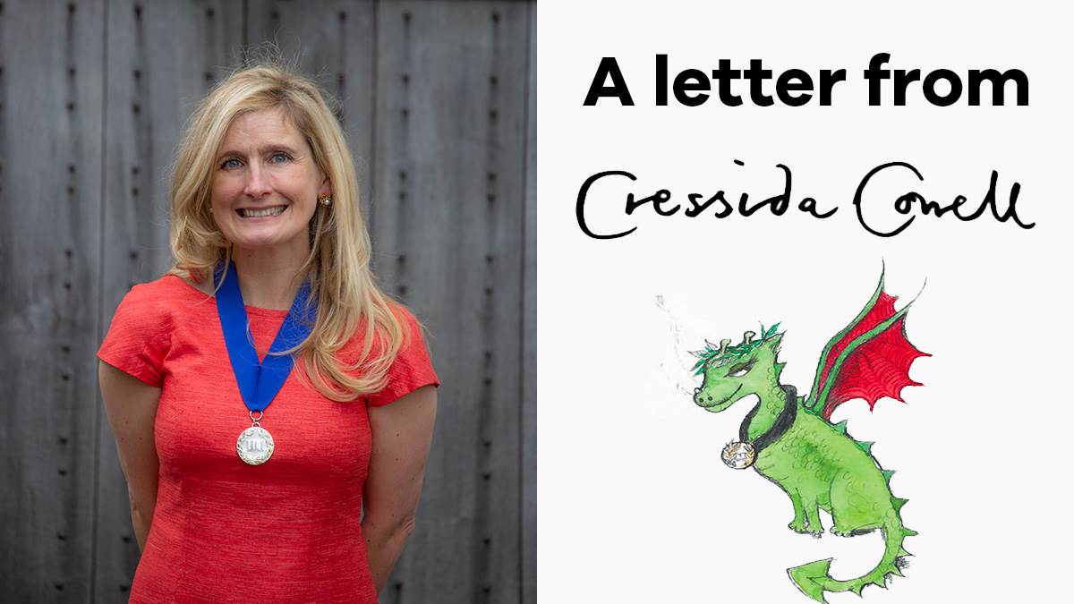 A photograph of Cressida Cowell, an illustration of a dragon and her signature