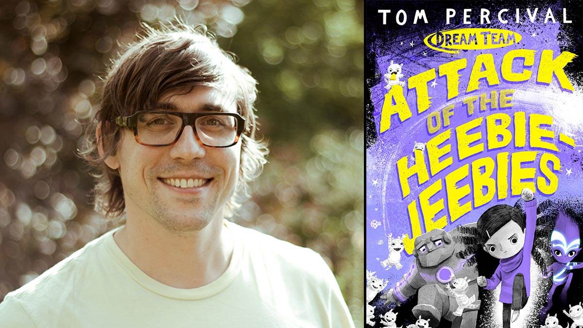 Author Tom Percival and the front cover of his book Attack of the Heebie Jeebies