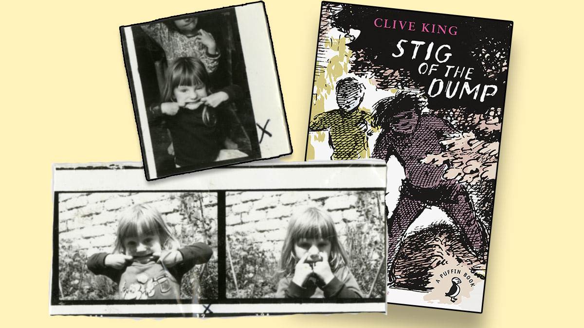 Photographs of Emily Gravett as a child and the front cover of Stig of the Dump