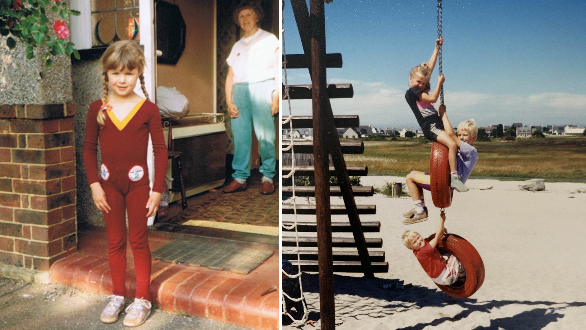 Anna as a child with her gymnastics patches and performing daredevil stunts with her brothers